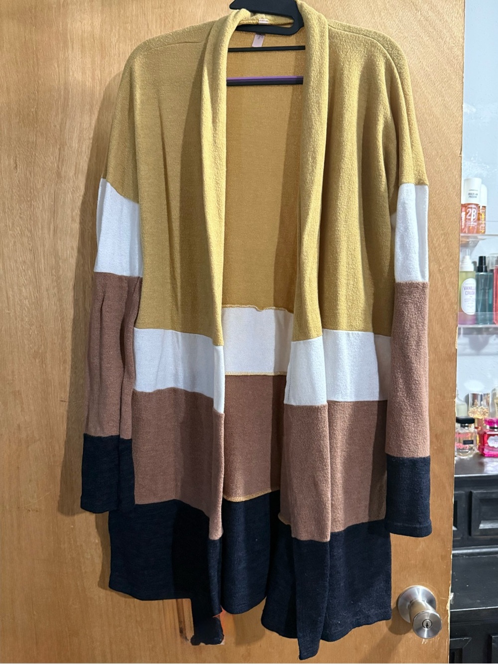 Colorblock Open-Front Cardigan Sweater - Mustard, White, Tan & Navy